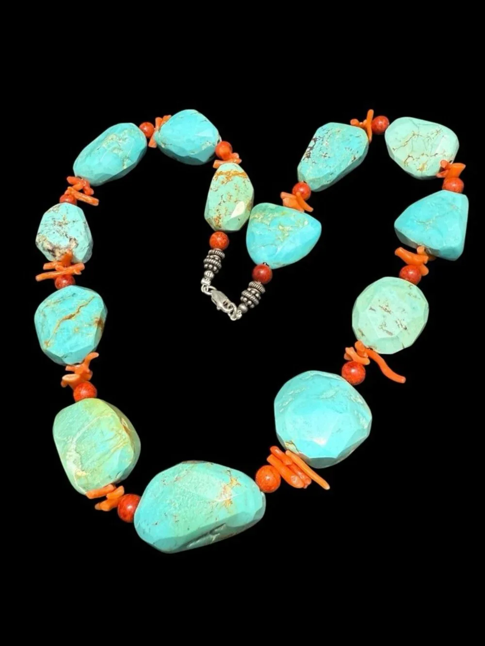 Vintage Turquoise Coral Bead Necklace Sterling Silver Clasp Statement